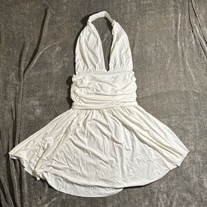 White Ruched Tie Front Halter Sundress